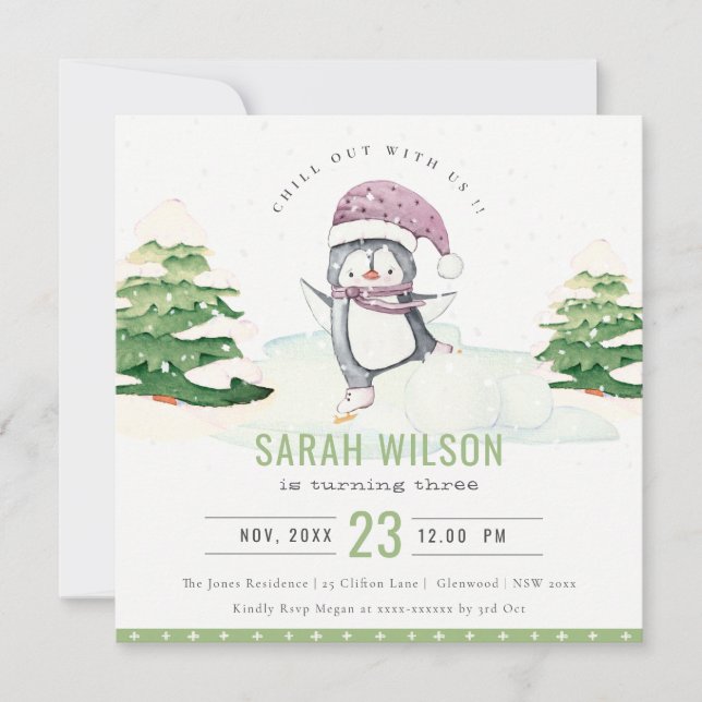 Cute Pastel Winter Penguin Kids Any Age Birthday Invitation (Front)