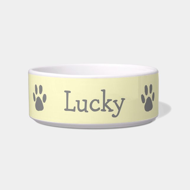 Cute Pastel Yellow and Grey Paw Print Pet Bowl (Front)