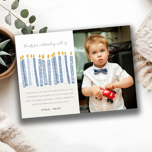 Cute Pastel Yellow Blue Photo Birthday Candles Thank You Card (Creator Uploaded)
