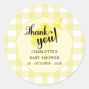 Cute Pastel Yellow Gingham Baby Shower Classic Round Sticker