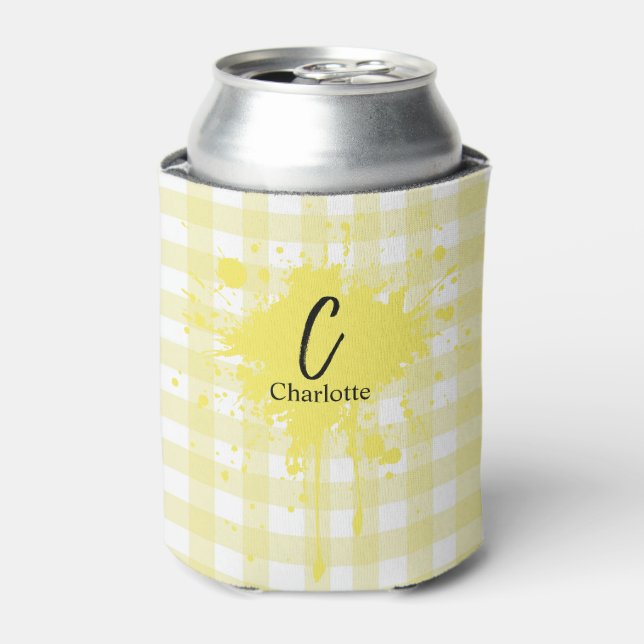 Cute Pastel Yellow Gingham Can Cooler (Can Front)