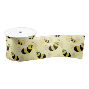 Cute Pastel Yellow Honey Bee and Honeycomb Kid's Satin Ribbon