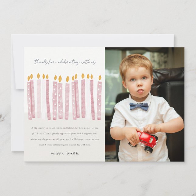 Cute Pastel Yellow Pink Photo Birthday Candles Thank You Card (Front)