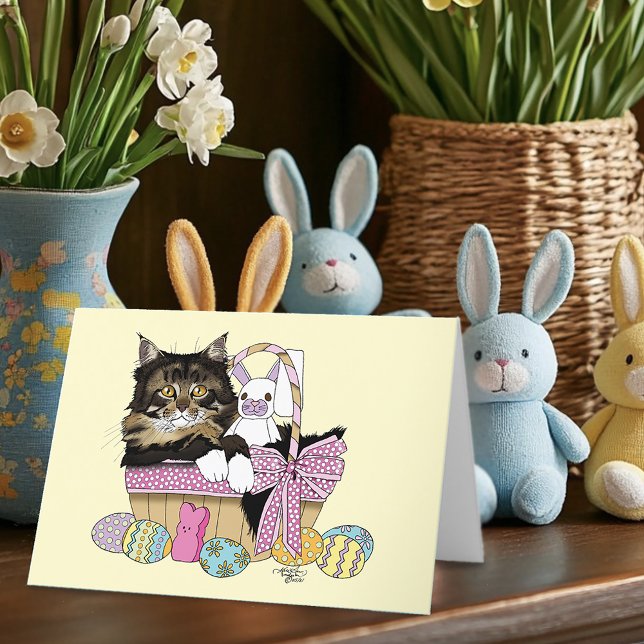 Cute Pastel Yellow Tabby Kitten Easter Basket Holiday Card (Creator Uploaded)