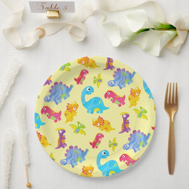 Cute Pastel Yellow Unisex Baby Dinosaur Birthday Paper Plate (Wedding)
