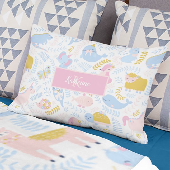 Cute Pastel Zoo Animal Monogrammed Girl Pink Decorative Cushion (Creator Uploaded)