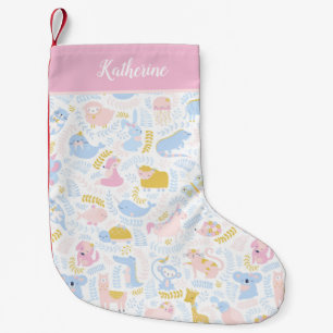 Cute Pastel Zoo Animal Pattern Baby Girl Pink Small Christmas Stocking