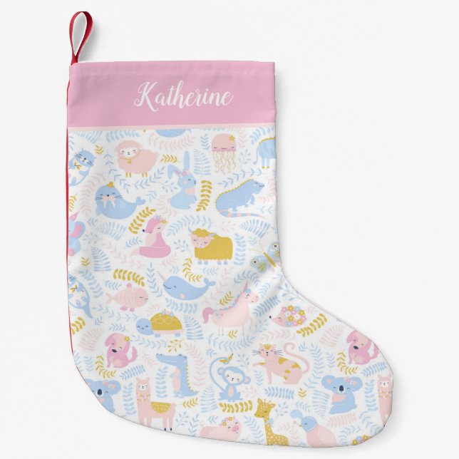 Cute Pastel Zoo Animal Pattern Baby Girl Pink Small Christmas Stocking (Front)