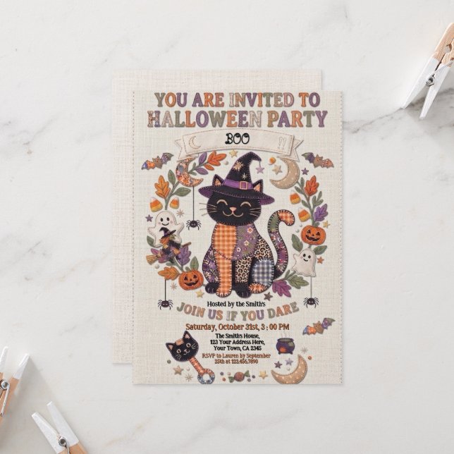 Cute Patchwork Black Cat Halloween Party Invitation (Front/Back In Situ)
