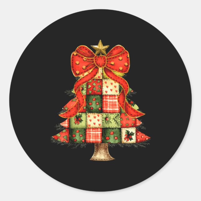 Cute Patchwork Christmas Tree Merry Xmas Men Women Classic Round Sticker (Front)