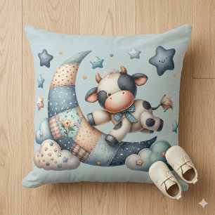 Cute Patchwork Cow Over Moon with Stars Cushion
