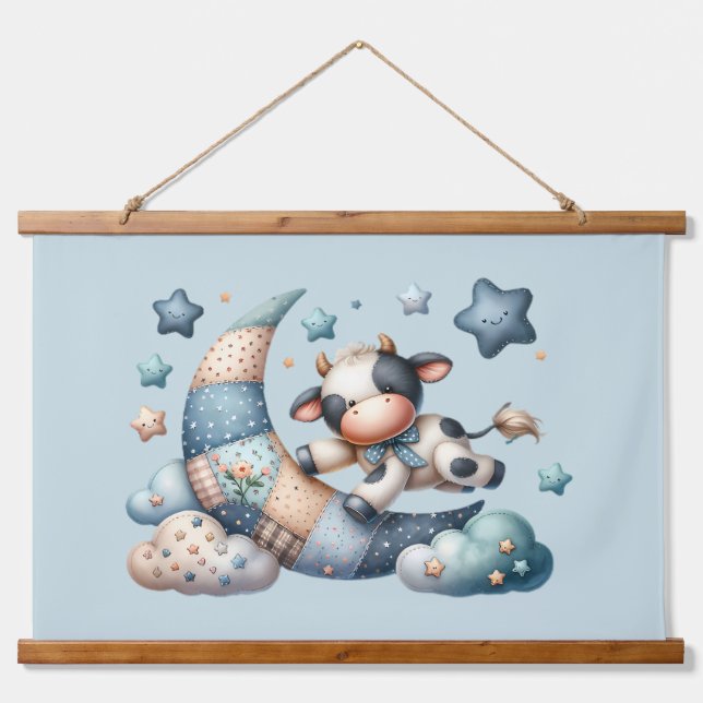 Cute Patchwork Cow Over Moon with Stars Hanging Tapestry (Front)