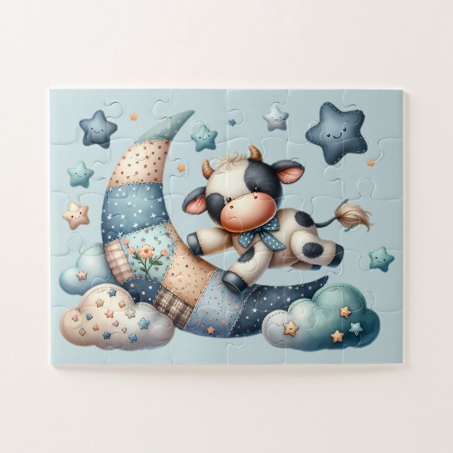 Cute Patchwork Cow Over Moon with Stars Jigsaw Puzzle (Horizontal)