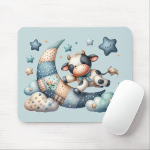 Cute Patchwork Cow Over Moon with Stars Mouse Mat