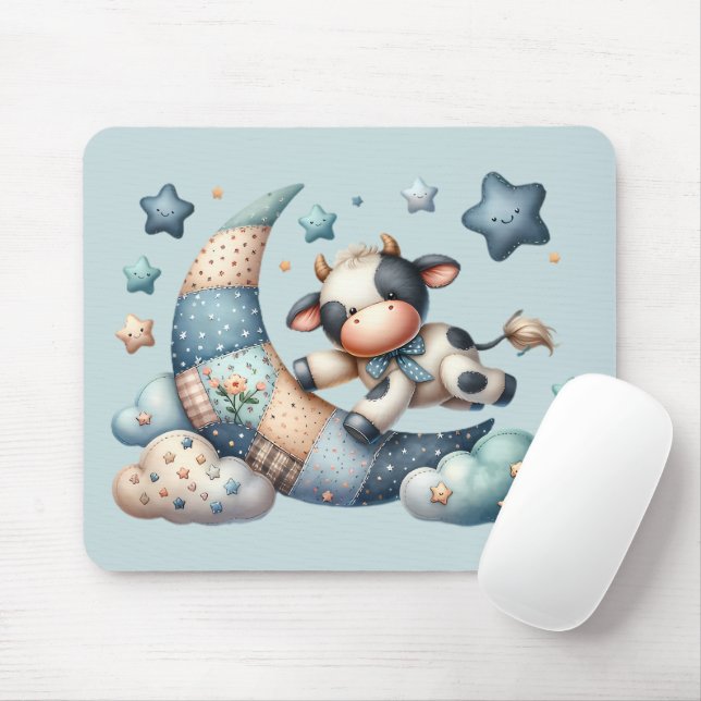 Cute Patchwork Cow Over Moon with Stars Mouse Mat (With Mouse)