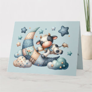 Cute Patchwork Cow Over Moon with Stars Thank You Card