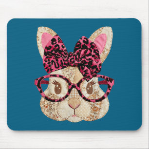 Cute patchwork easter bunny with glasses pink bow mouse mat
