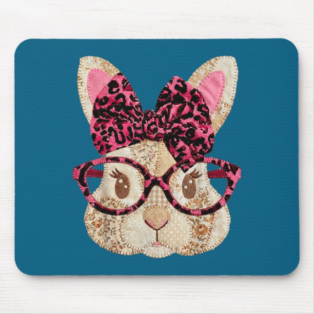 Cute patchwork easter bunny with glasses pink bow  mouse mat (Front)