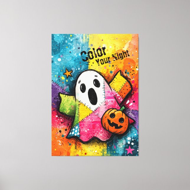 Cute Patchwork Ghost Colorful Splatter Art Canvas Print (Front)
