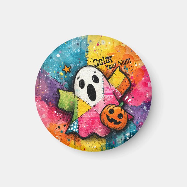 Cute Patchwork Ghost Colorful Splatter Art Magnet (Front)
