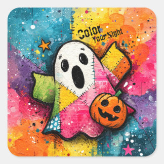 Cute Patchwork Ghost Colorful Splatter Art Square Sticker