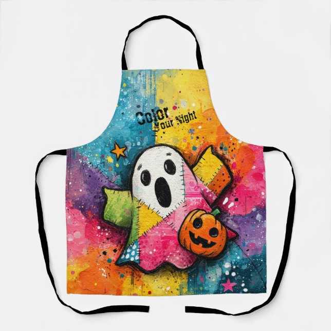 Cute Patchwork Ghost Colourful Splatter Art Apron (Front)