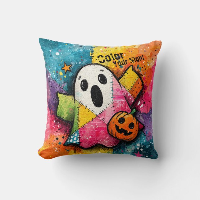 Cute Patchwork Ghost Colourful Splatter Art Cushion (Front)