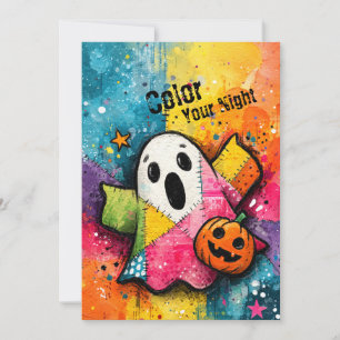 Cute Patchwork Ghost Colourful Splatter Art Invitation