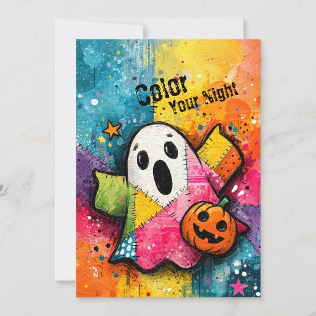 Cute Patchwork Ghost Colourful Splatter Art Invitation (Front)