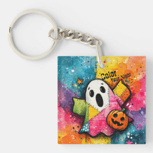 Cute Patchwork Ghost Colourful Splatter Art Key Ring