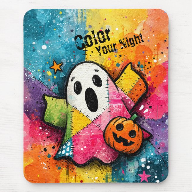 Cute Patchwork Ghost Colourful Splatter Art Mouse Mat (Front)