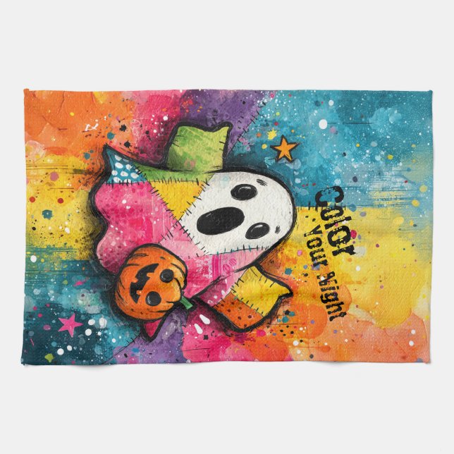 Cute Patchwork Ghost Colourful Splatter Art Tea Towel (Horizontal)