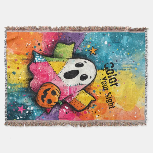 Cute Patchwork Ghost Colourful Splatter Art Throw Blanket (Front)