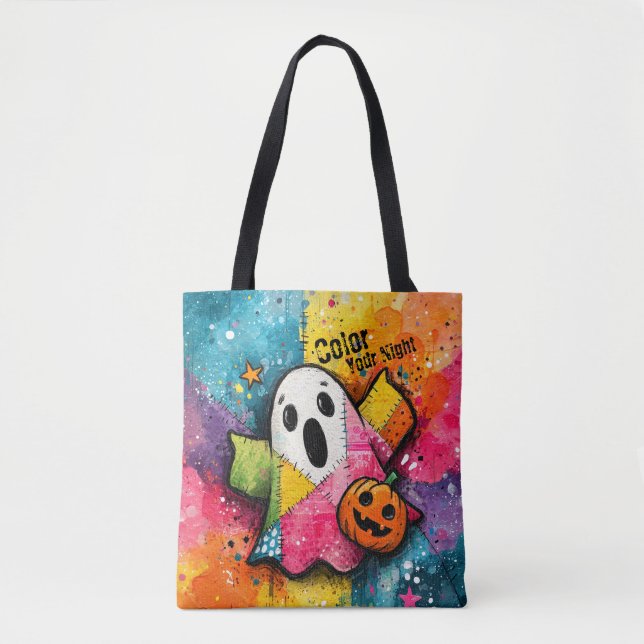 Cute Patchwork Ghost Colourful Splatter Art Tote Bag (Front)
