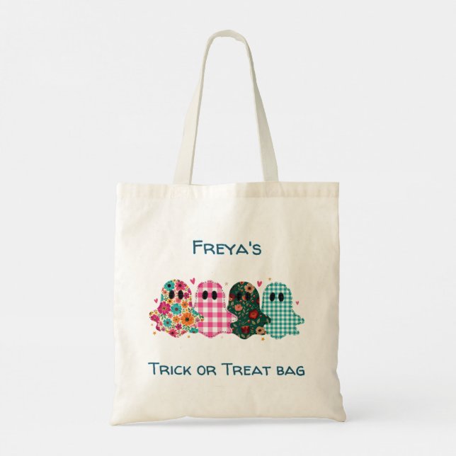 Cute Patchwork Ghost Halloween Trick or Treat Tote Bag (Back)