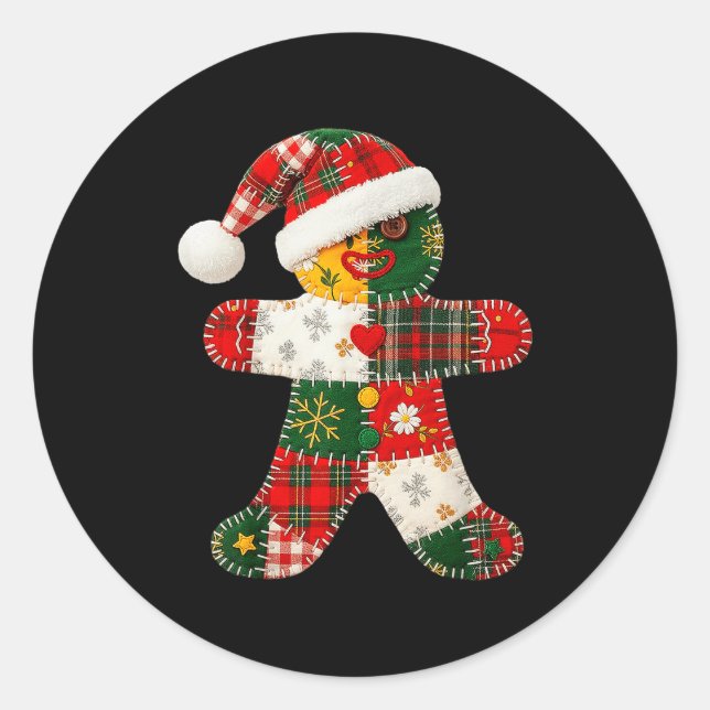 Cute Patchwork Gingerbread Man Christmas Men Women Classic Round Sticker (Front)