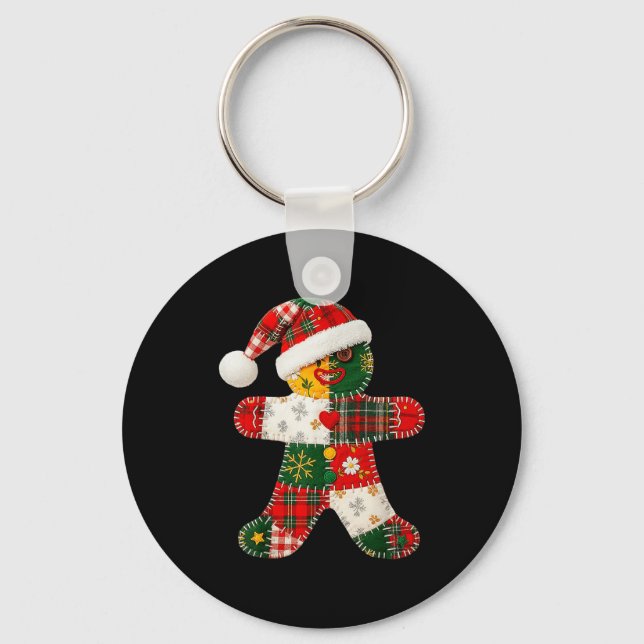 Cute Patchwork Gingerbread Man Christmas Men Women Key Ring (Front)