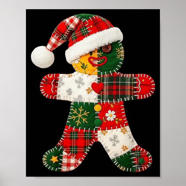 Cute Patchwork Gingerbread Man Christmas Men Women Poster (Front)