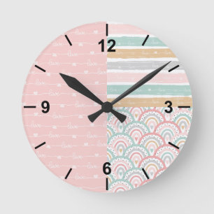 Cute Patchwork Hearts Rainbows - Pastel Wall Clock
