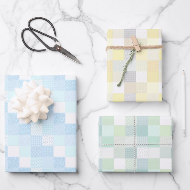 Cute Patchwork Pastel Lemon, Blue and Green Wrapping Paper Sheet (Front)