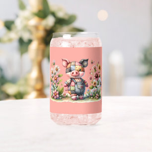 Cute Patchwork Piglet in Floral Garden Can Glass