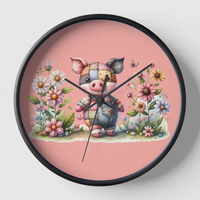 Cute Patchwork Piglet in Floral Garden Clock (Front)
