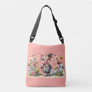 Cute Patchwork Piglet in Floral Garden Crossbody Bag