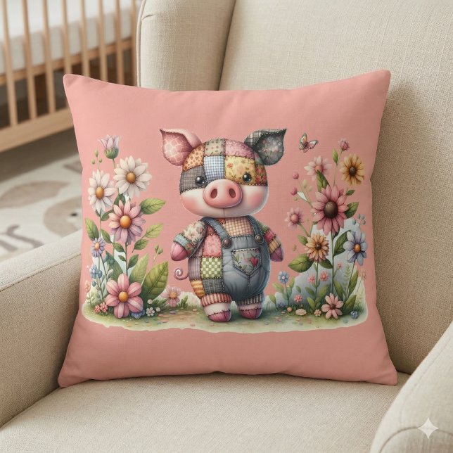 Cute Patchwork Piglet in Floral Garden Cushion (Cute Patchwork Piglet in Floral Garden Throw Pillow Mockup A.)