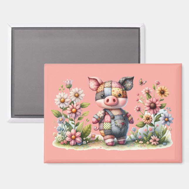 Cute Patchwork Piglet in Floral Garden Magnet (Front/Back)