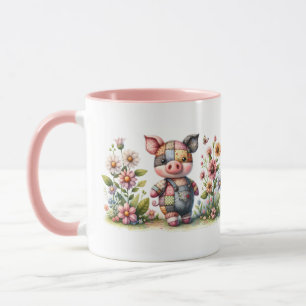 Cute Patchwork Piglet in Floral Garden Mug