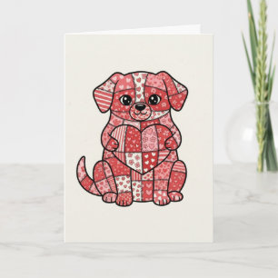 Cute Patchwork Puppy Dog with Heart Illustration Card