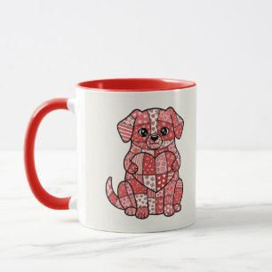 Cute Patchwork Puppy Dog with Heart Illustration Mug