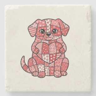 Cute Patchwork Puppy Dog with Heart Illustration Stone Coaster