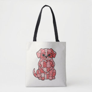 Cute Patchwork Puppy Dog with Heart Illustration Tote Bag